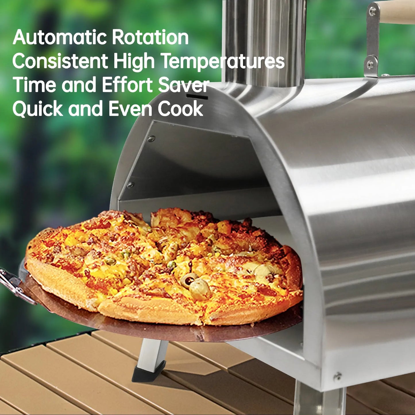 Pizza Oven Outdoor 12" Automatic Rotatable Pizza Ovens Portable Stainless Steel Wood Fired Pizza Oven Pizza Maker with Built-in Thermometer Pizza Cutter Carry Bag Doba