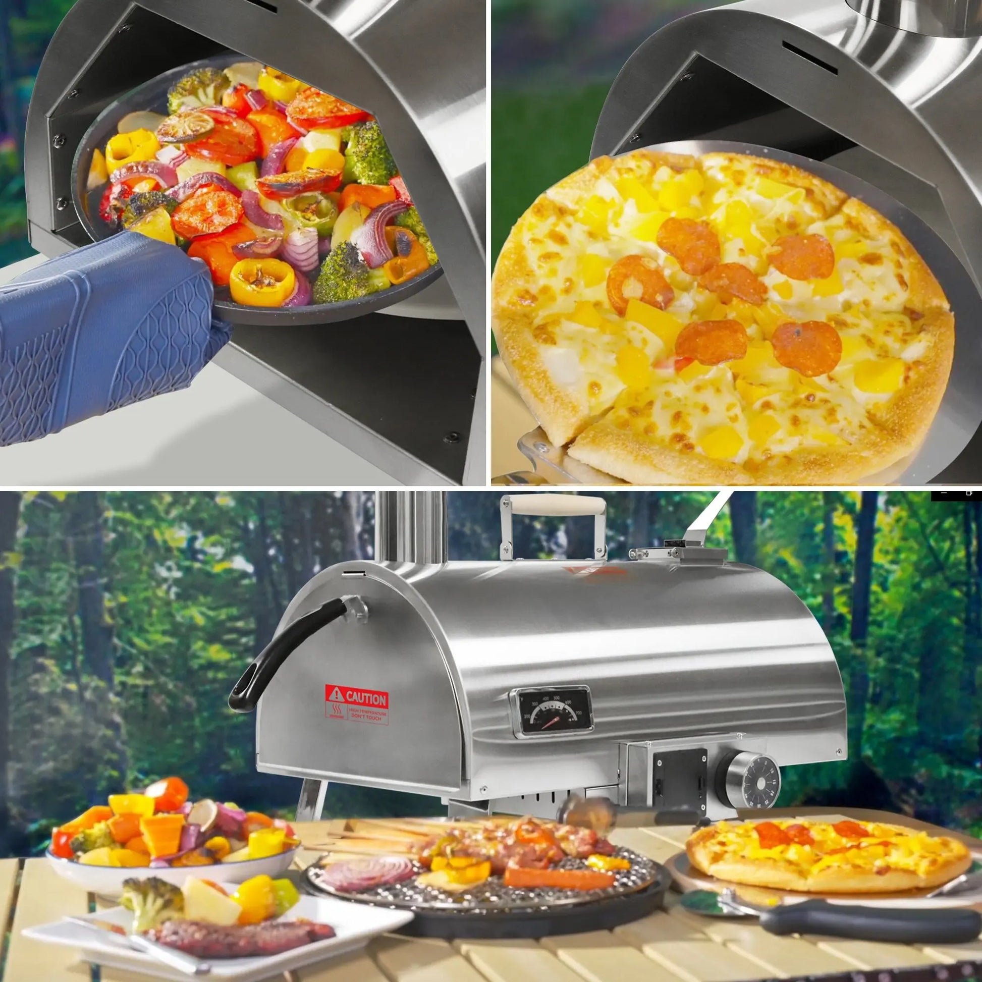 Pizza Oven Outdoor 12" Automatic Rotatable Pizza Ovens Portable Stainless Steel Wood Fired Pizza Oven Pizza Maker with Built-in Thermometer Pizza Cutter Carry Bag Doba