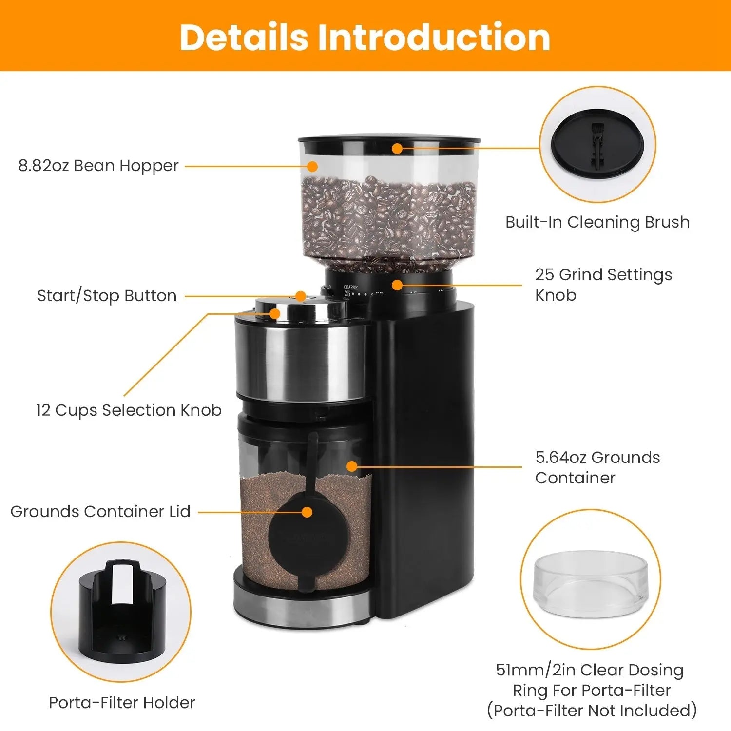 Conical Burr Coffee Grinder Electric Coffee Bean Grinder with 25 Grind Settings 12 Cups Selection for Drip/Percolator/French Press/Espresso/Cold Brew/Pour Over Doba