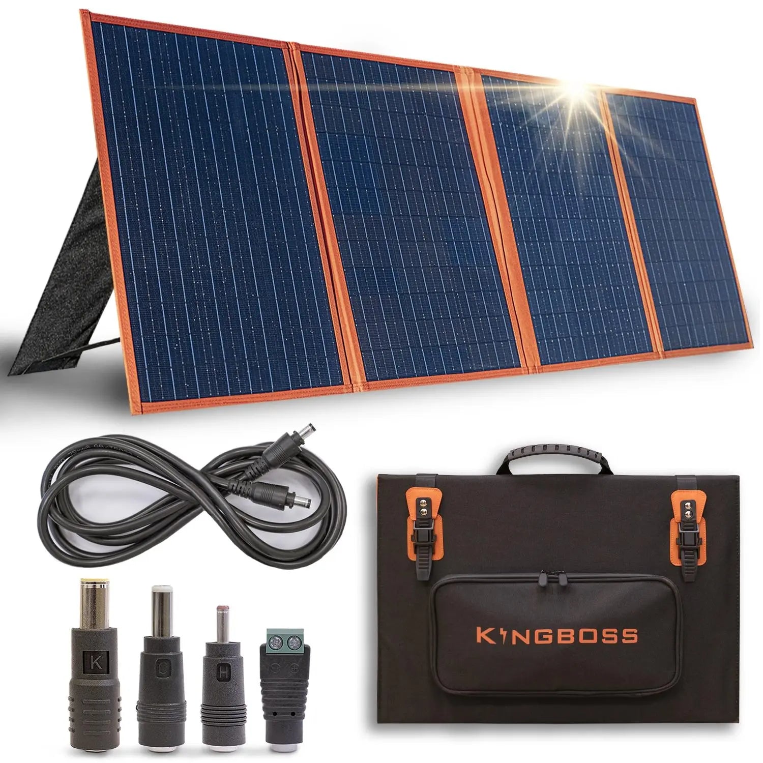 Solar Power Panels, 120W KingBoss Portable 120w Solar Panel High Efficiency Waterproof;  with Multiple Outputs and 3-Kickstand;  Foldable Design for Optimal Solar Coverage;  able to Charge All Types of Devices/Power Stations Doba