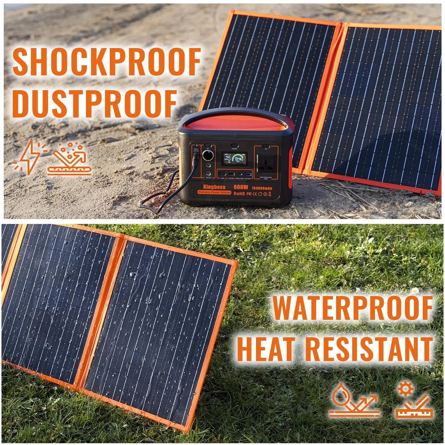 Solar Power Panels, 120W KingBoss Portable 120w Solar Panel High Efficiency Waterproof;  with Multiple Outputs and 3-Kickstand;  Foldable Design for Optimal Solar Coverage;  able to Charge All Types of Devices/Power Stations Doba