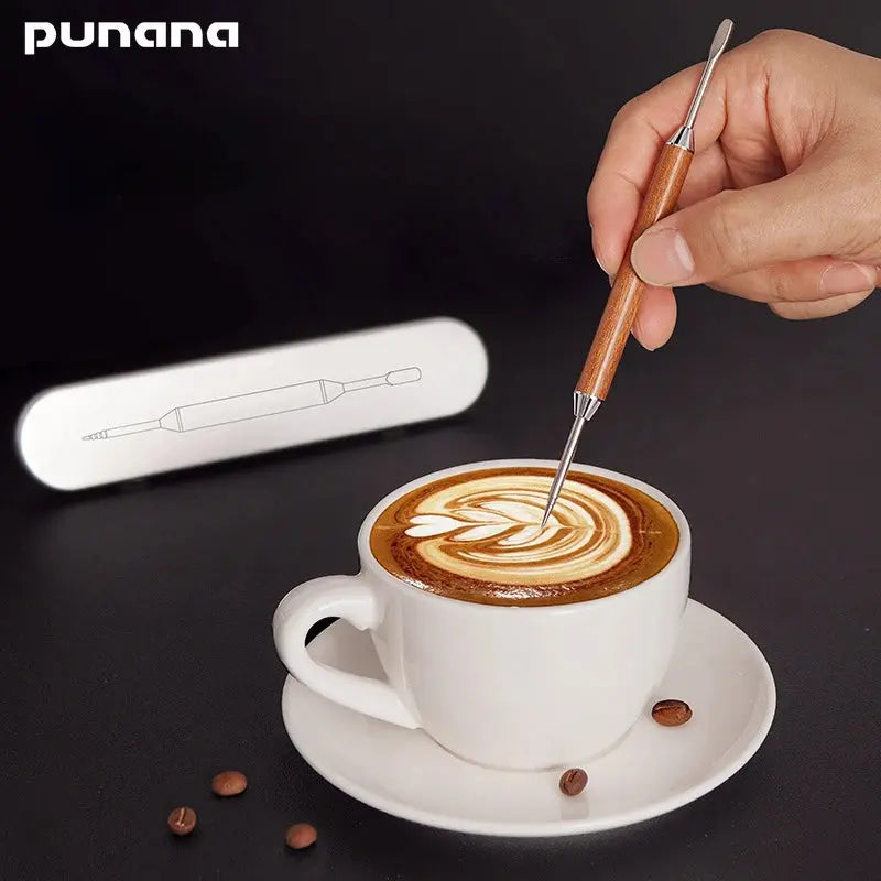 Punana Coffee Art Needle Stainless Steel Rosewood Coffee Decorating Art Pen Flower Needle Latte Coffee Hook Coffee Accessories American Roasting Company