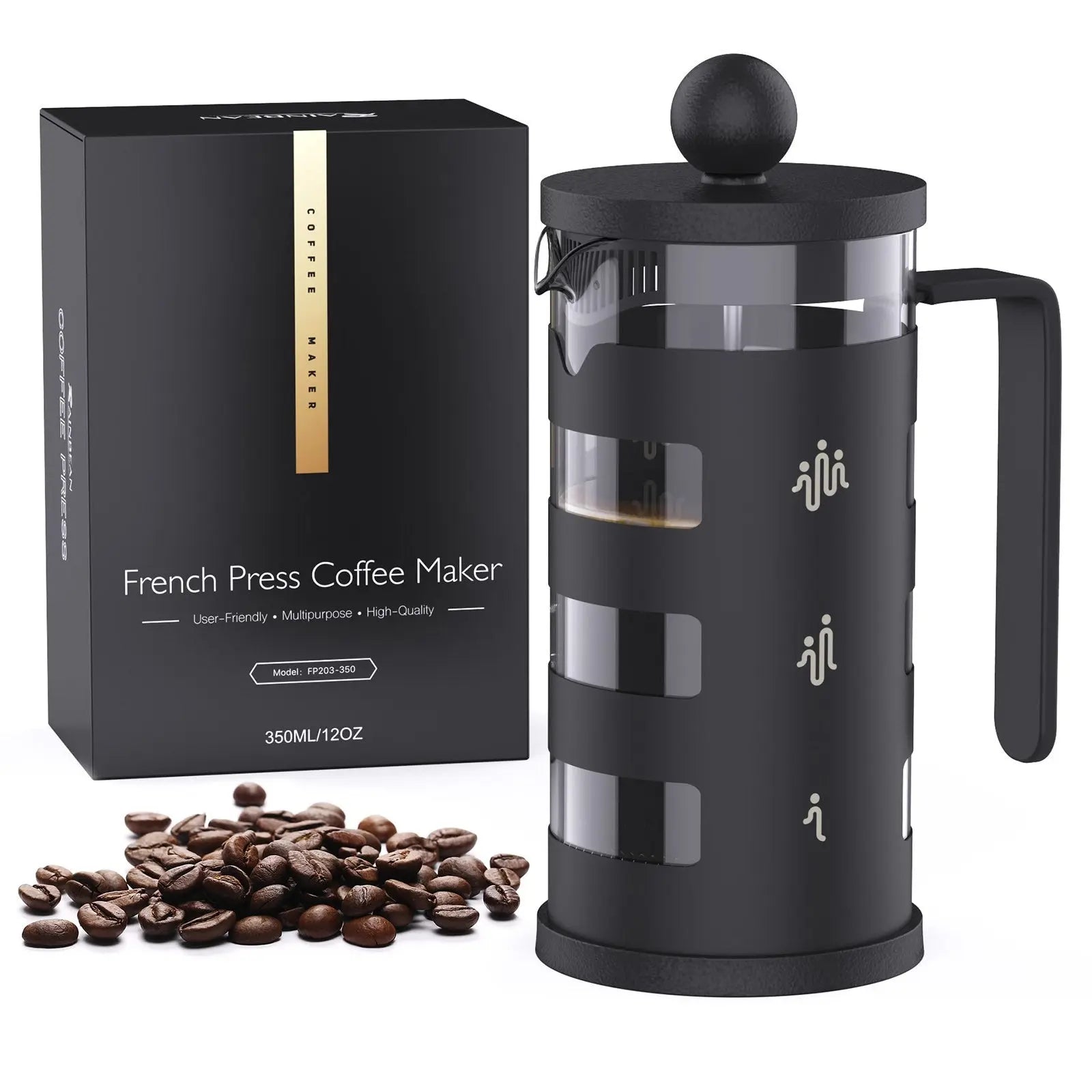 RAINBEAN  French Press Coffee Maker Easy Cleaning Cafeteria, Heat Resistant Borosilicate Glass, Black Doba