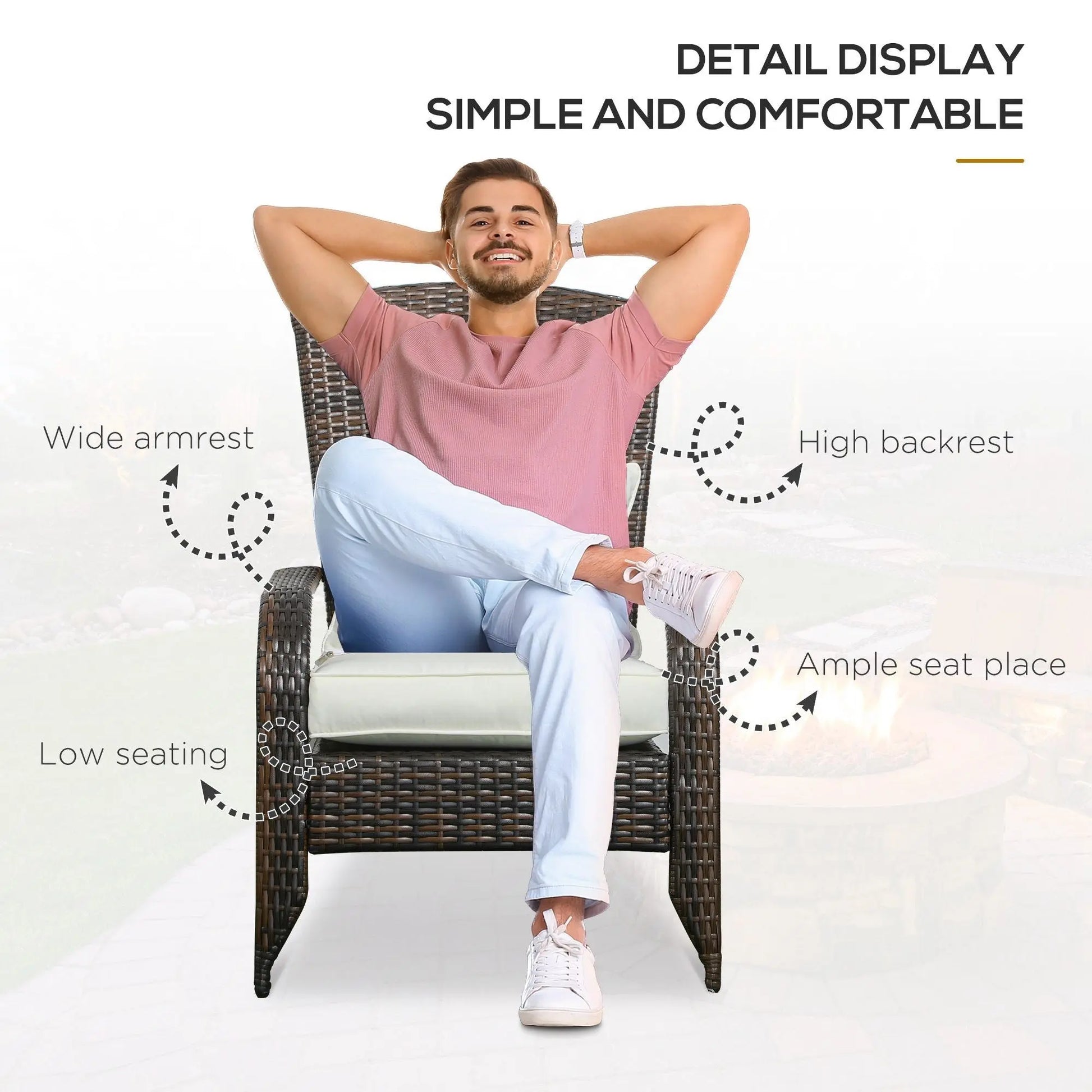 Outsunny Patio Wicker Adirondack Chair, Outdoor All-Weather Rattan Fire Pit Chair w/ Soft Cushions, Tall Curved Backrest and Comfortable Armrests for Deck or Garden, Cream White Doba