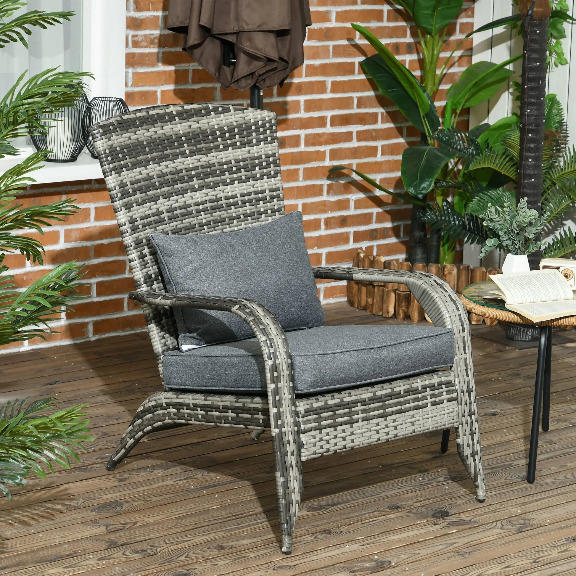 Outsunny Patio Wicker Adirondack Chair, Outdoor All-Weather Rattan Fire Pit Chair w/ Soft Cushions, Tall Curved Backrest and Comfortable Armrests for Deck or Garden, Gray Doba