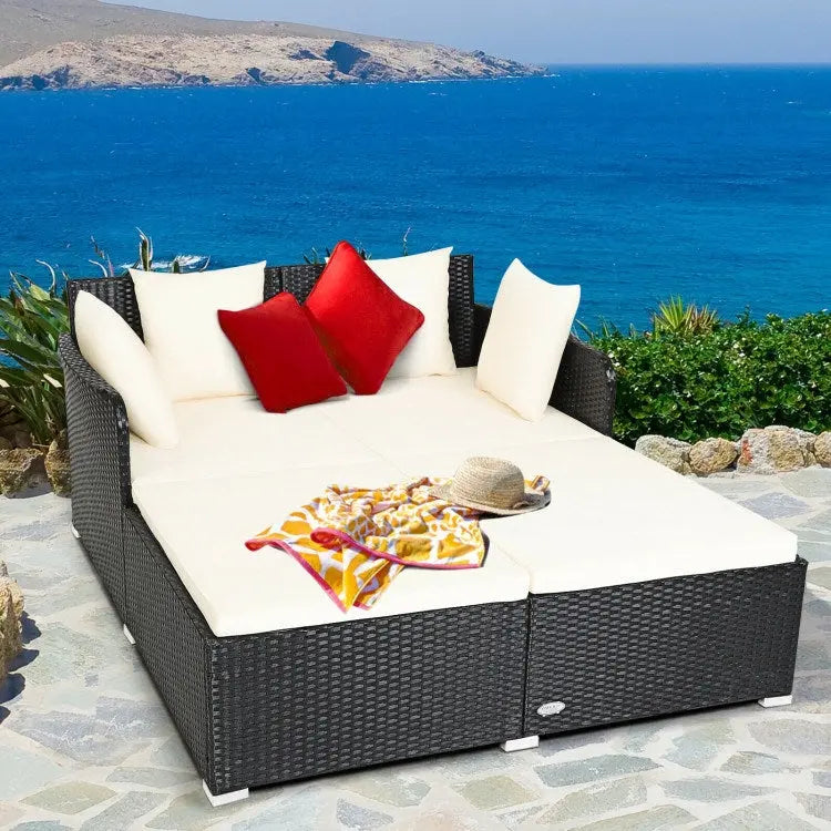 Spacious Outdoor Rattan Daybed with Upholstered Cushion Doba