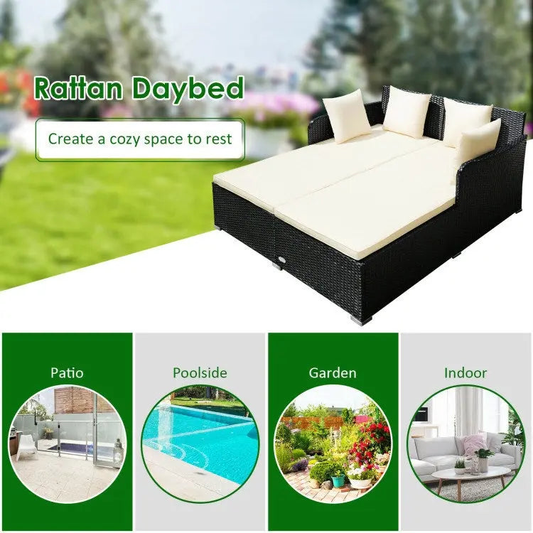 Spacious Outdoor Rattan Daybed with Upholstered Cushion Doba