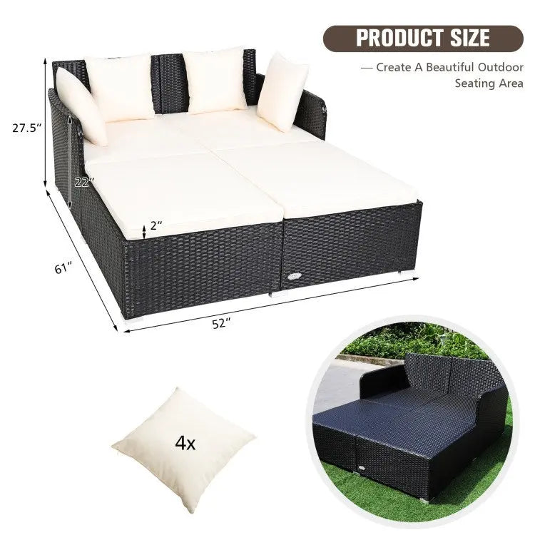 Spacious Outdoor Rattan Daybed with Upholstered Cushion Doba