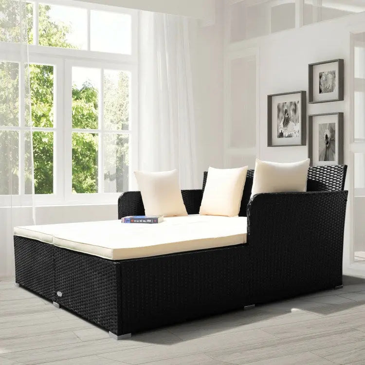 Spacious Outdoor Rattan Daybed with Upholstered Cushion Doba