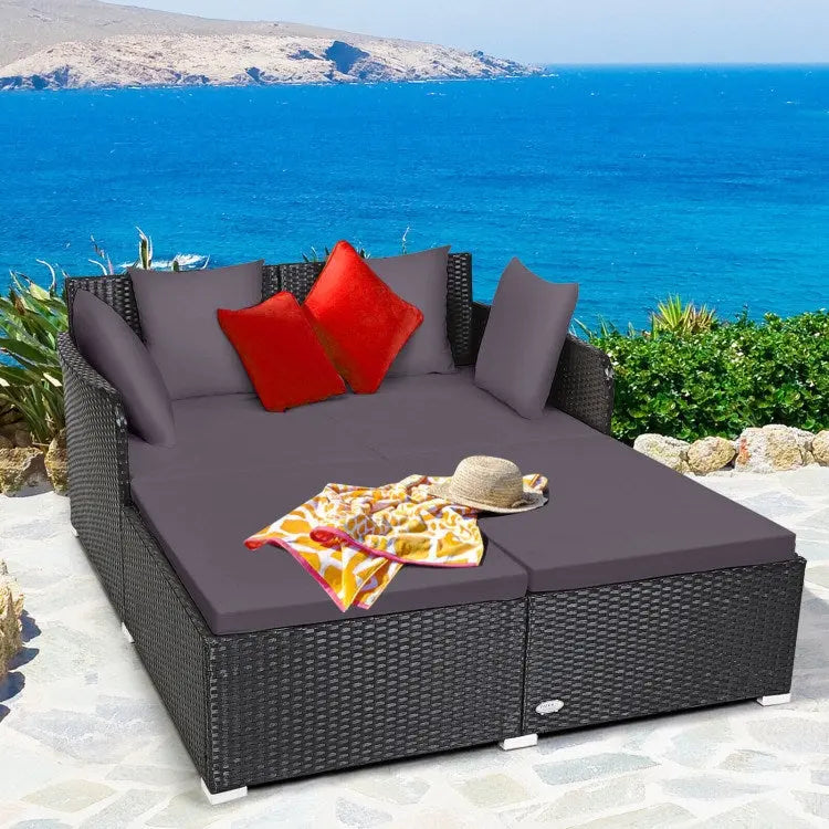 Spacious Outdoor Rattan Daybed with Upholstered Cushion Doba