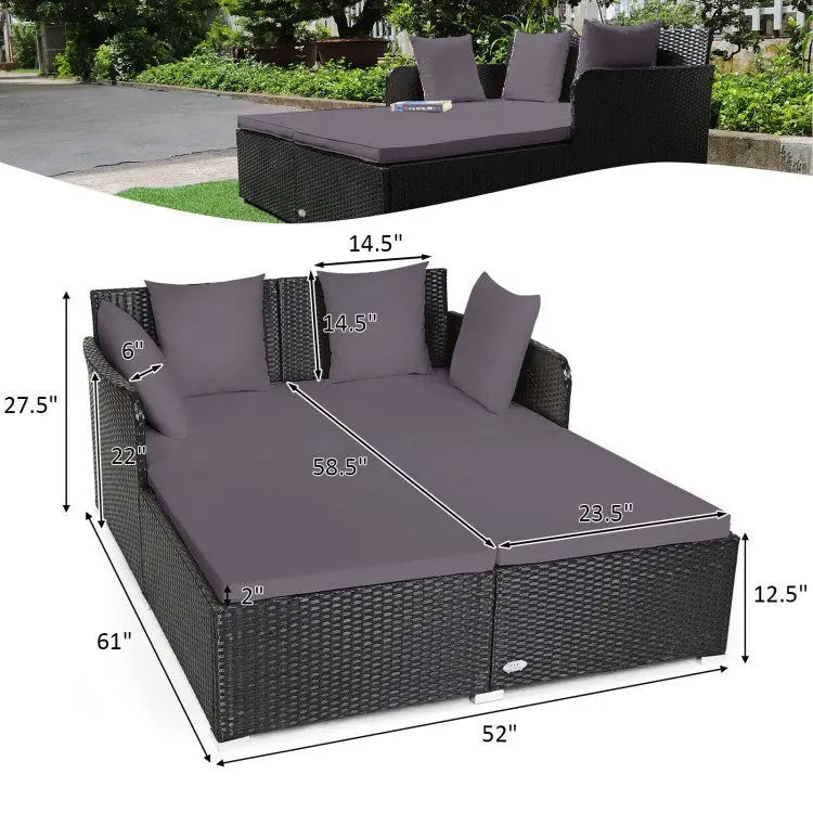 Spacious Outdoor Rattan Daybed with Upholstered Cushion Doba