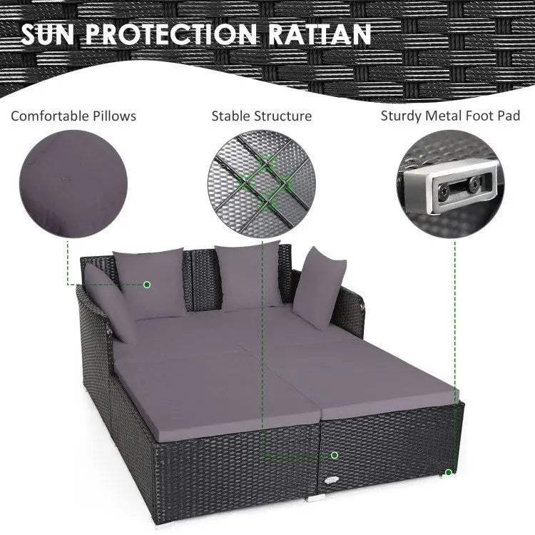 Spacious Outdoor Rattan Daybed with Upholstered Cushion Doba