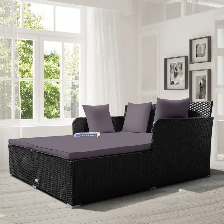 Spacious Outdoor Rattan Daybed with Upholstered Cushion Doba