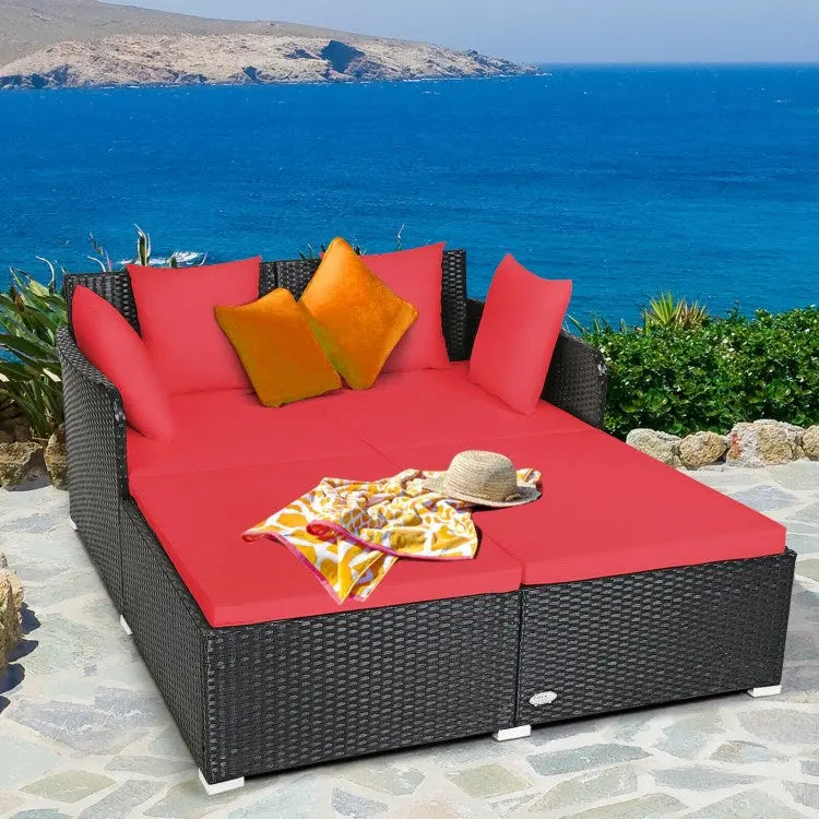 Spacious Outdoor Rattan Daybed with Upholstered Cushion Doba