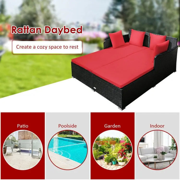 Spacious Outdoor Rattan Daybed with Upholstered Cushion Doba