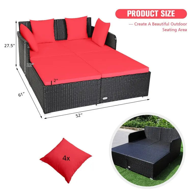 Spacious Outdoor Rattan Daybed with Upholstered Cushion Doba