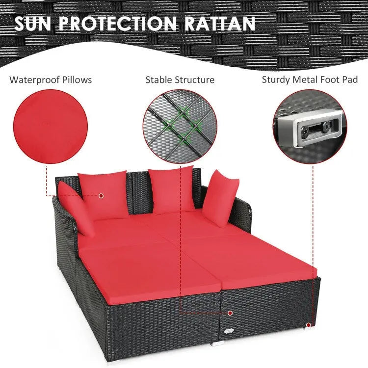 Spacious Outdoor Rattan Daybed with Upholstered Cushion Doba