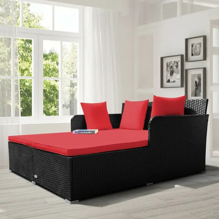 Spacious Outdoor Rattan Daybed with Upholstered Cushion Doba