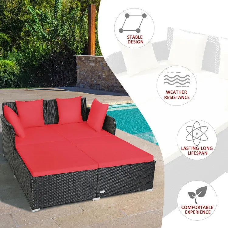 Spacious Outdoor Rattan Daybed with Upholstered Cushion Doba