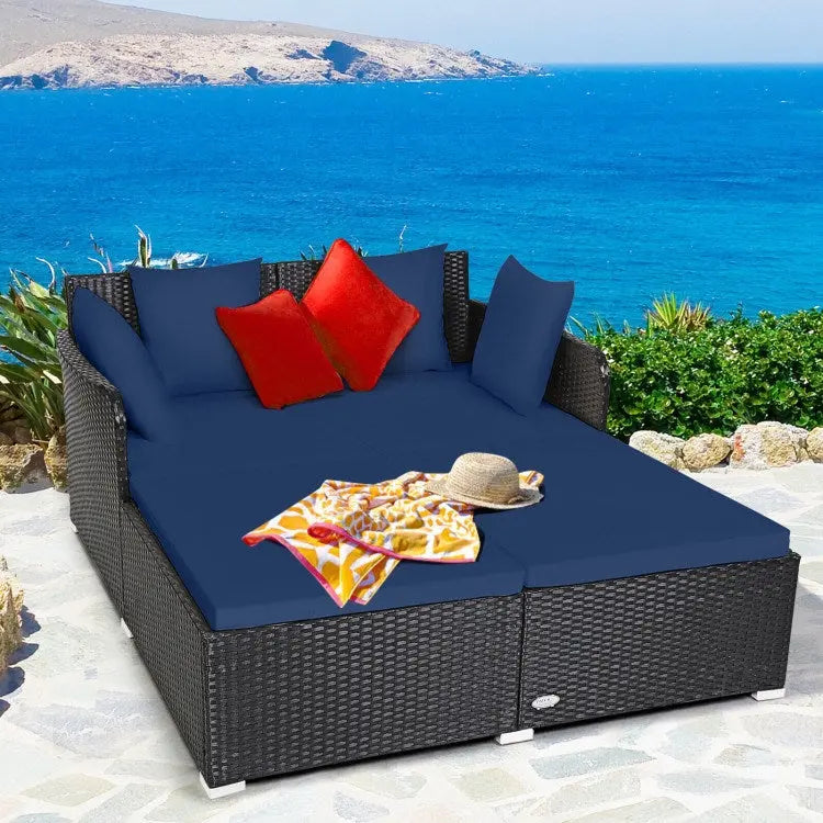 Spacious Outdoor Rattan Daybed with Upholstered Cushion Doba