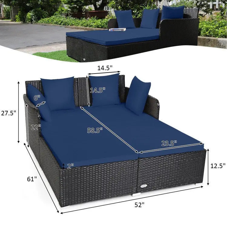 Spacious Outdoor Rattan Daybed with Upholstered Cushion Doba