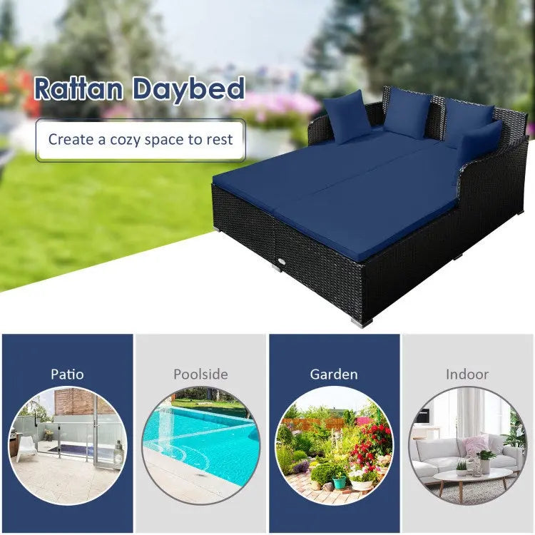 Spacious Outdoor Rattan Daybed with Upholstered Cushion Doba