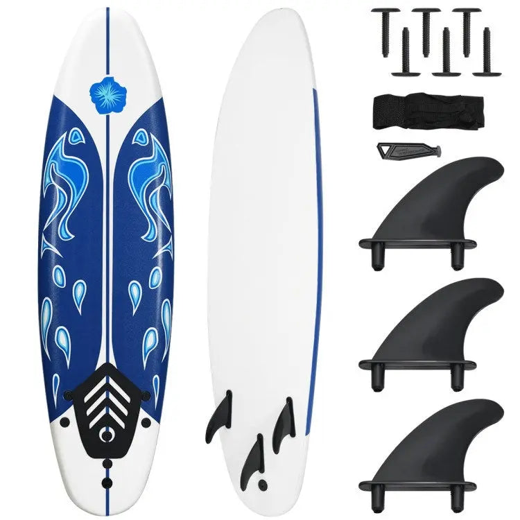 Stand Up Surf Boards, 6 Feet Surfboard with 3 Detachable Fins, White, Red, Yellow Doba