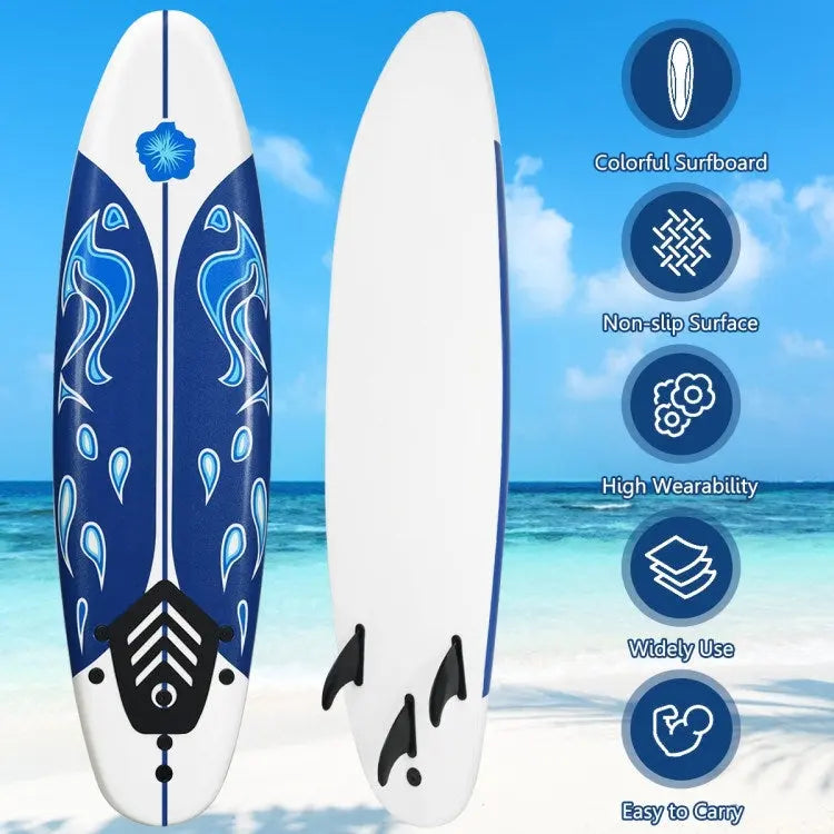 Stand Up Surf Boards, 6 Feet Surfboard with 3 Detachable Fins, White, Red, Yellow Doba