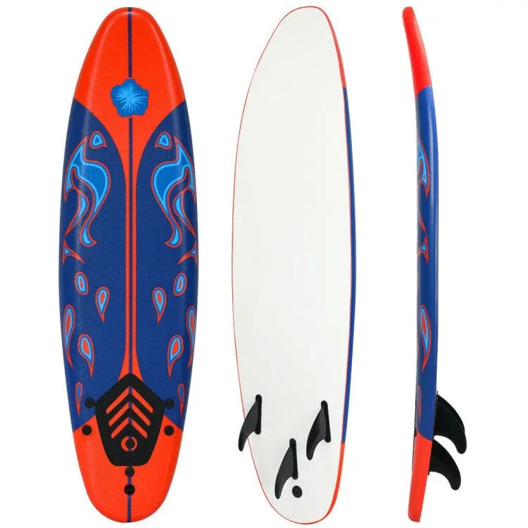 Stand Up Surf Boards, 6 Feet Surfboard with 3 Detachable Fins, White, Red, Yellow Doba