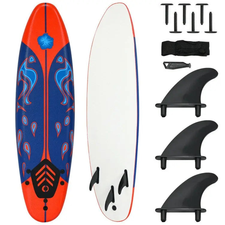 Stand Up Surf Boards, 6 Feet Surfboard with 3 Detachable Fins, White, Red, Yellow Doba