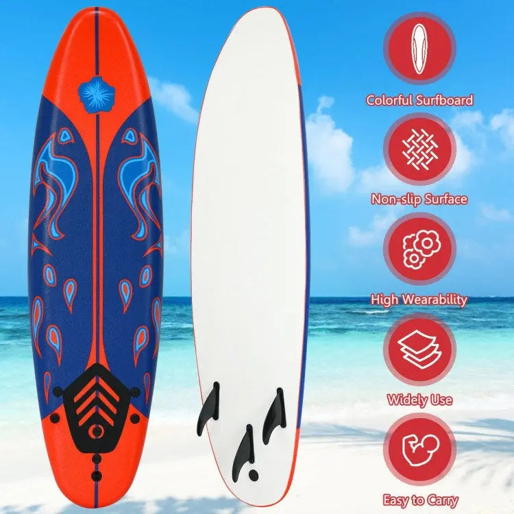 Stand Up Surf Boards, 6 Feet Surfboard with 3 Detachable Fins, White, Red, Yellow Doba