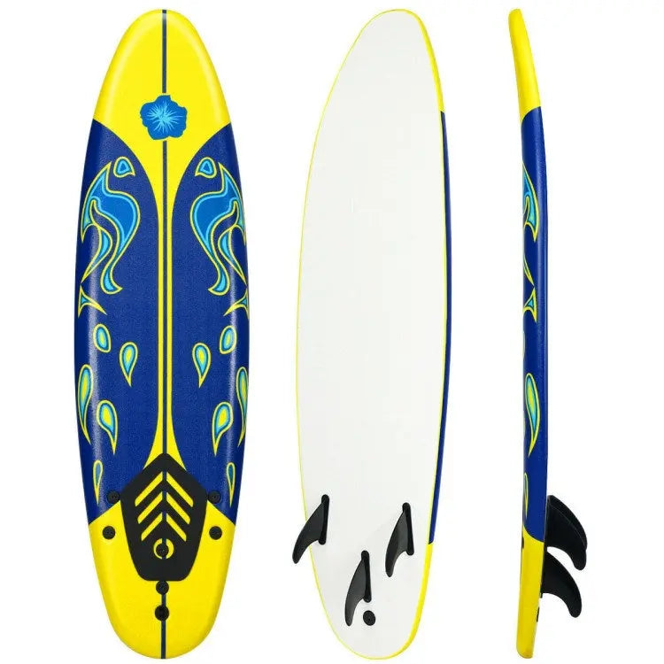 Stand Up Surf Boards, 6 Feet Surfboard with 3 Detachable Fins, White, Red, Yellow Doba