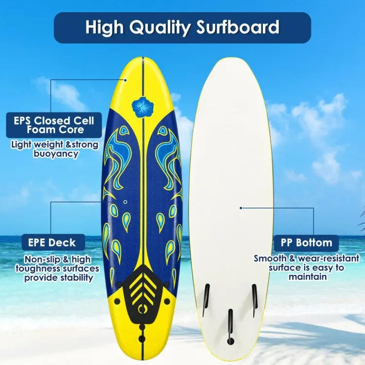 Stand Up Surf Boards, 6 Feet Surfboard with 3 Detachable Fins, White, Red, Yellow Doba