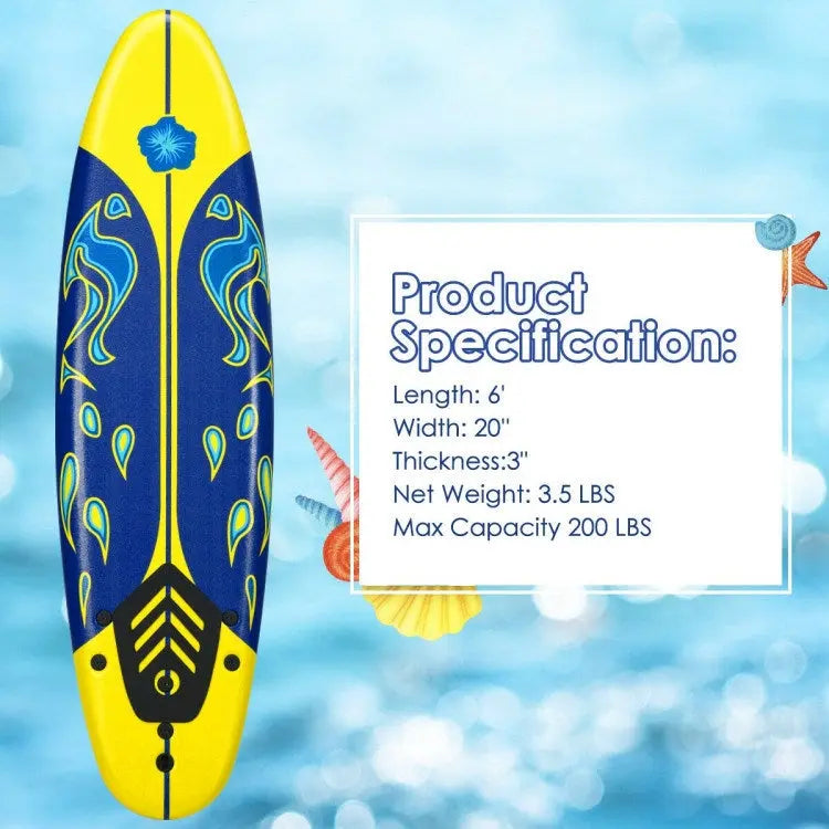 Stand Up Surf Boards, 6 Feet Surfboard with 3 Detachable Fins, White, Red, Yellow Doba