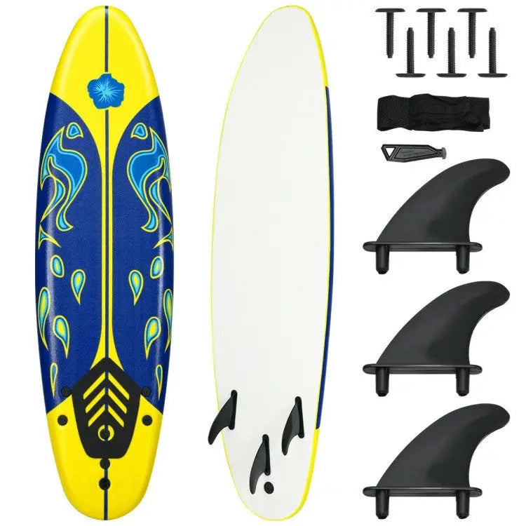 Stand Up Surf Boards, 6 Feet Surfboard with 3 Detachable Fins, White, Red, Yellow Doba