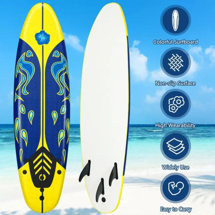 Stand Up Surf Boards, 6 Feet Surfboard with 3 Detachable Fins, White, Red, Yellow Doba