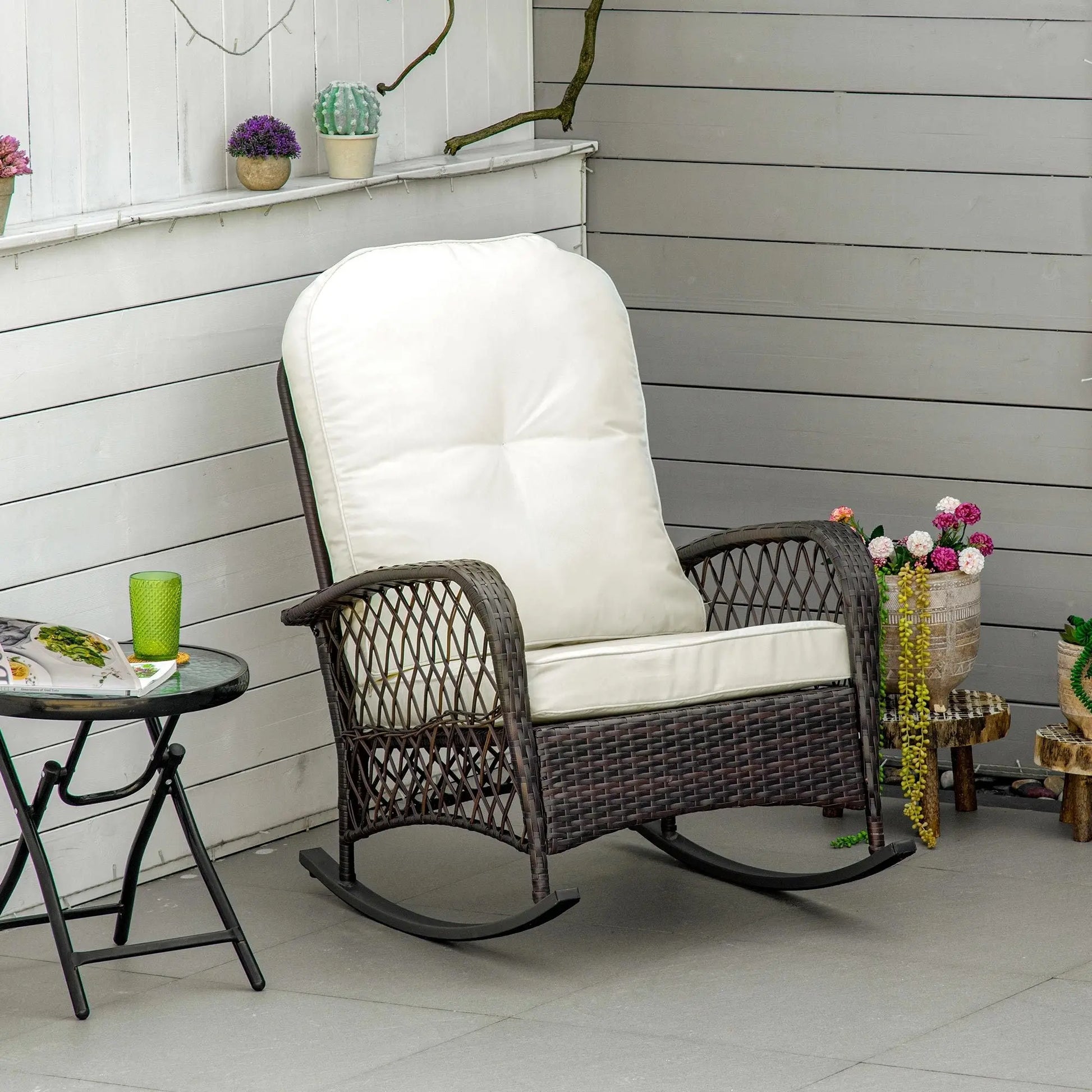 Outsunny Outdoor Wicker Rocking Chair with Wide Seat, Thick, Soft Cushion, Rattan Rocker w/Steel Frame, High Weight Capacity for Patio, Garden, Backyard, Cream White Doba