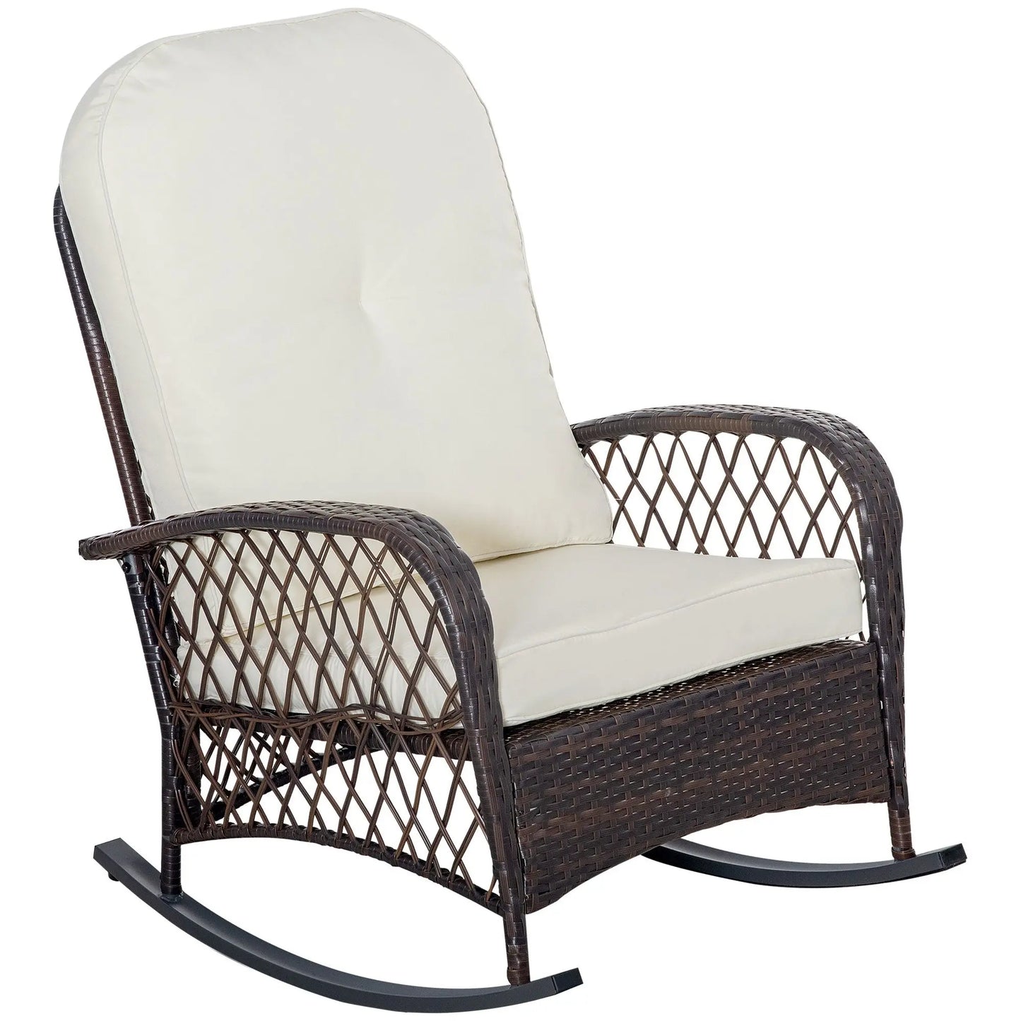 Outsunny Outdoor Wicker Rocking Chair with Wide Seat, Thick, Soft Cushion, Rattan Rocker w/Steel Frame, High Weight Capacity for Patio, Garden, Backyard, Cream White Doba