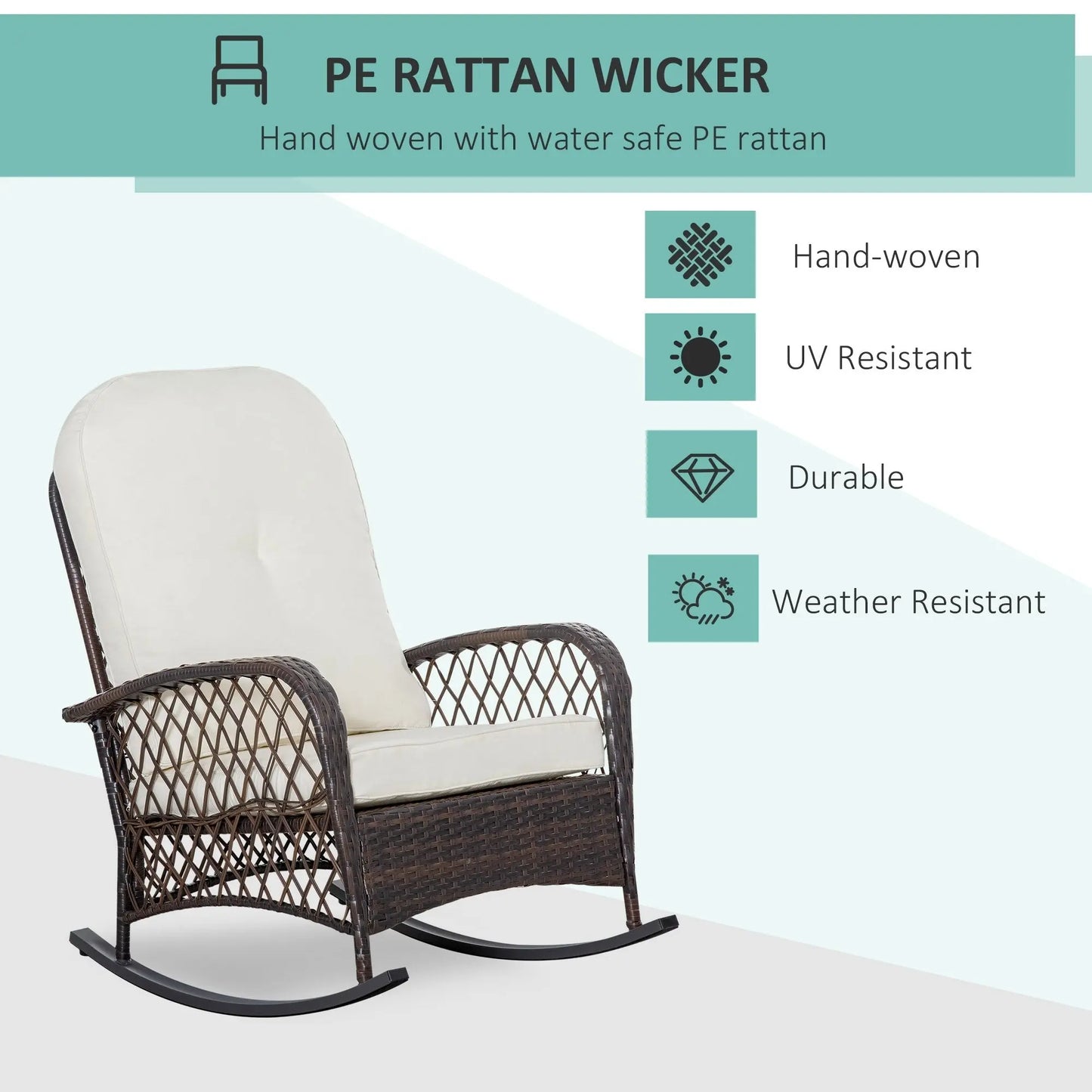 Outsunny Outdoor Wicker Rocking Chair with Wide Seat, Thick, Soft Cushion, Rattan Rocker w/Steel Frame, High Weight Capacity for Patio, Garden, Backyard, Cream White Doba