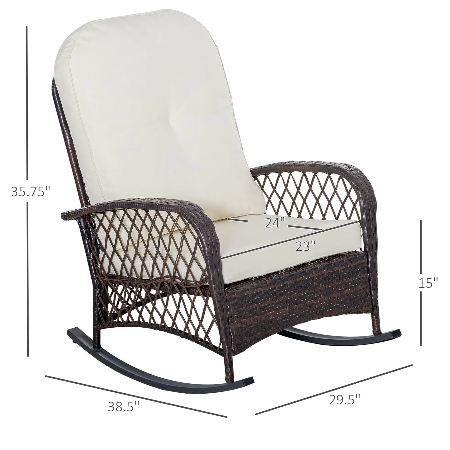 Outsunny Outdoor Wicker Rocking Chair with Wide Seat, Thick, Soft Cushion, Rattan Rocker w/Steel Frame, High Weight Capacity for Patio, Garden, Backyard, Cream White Doba