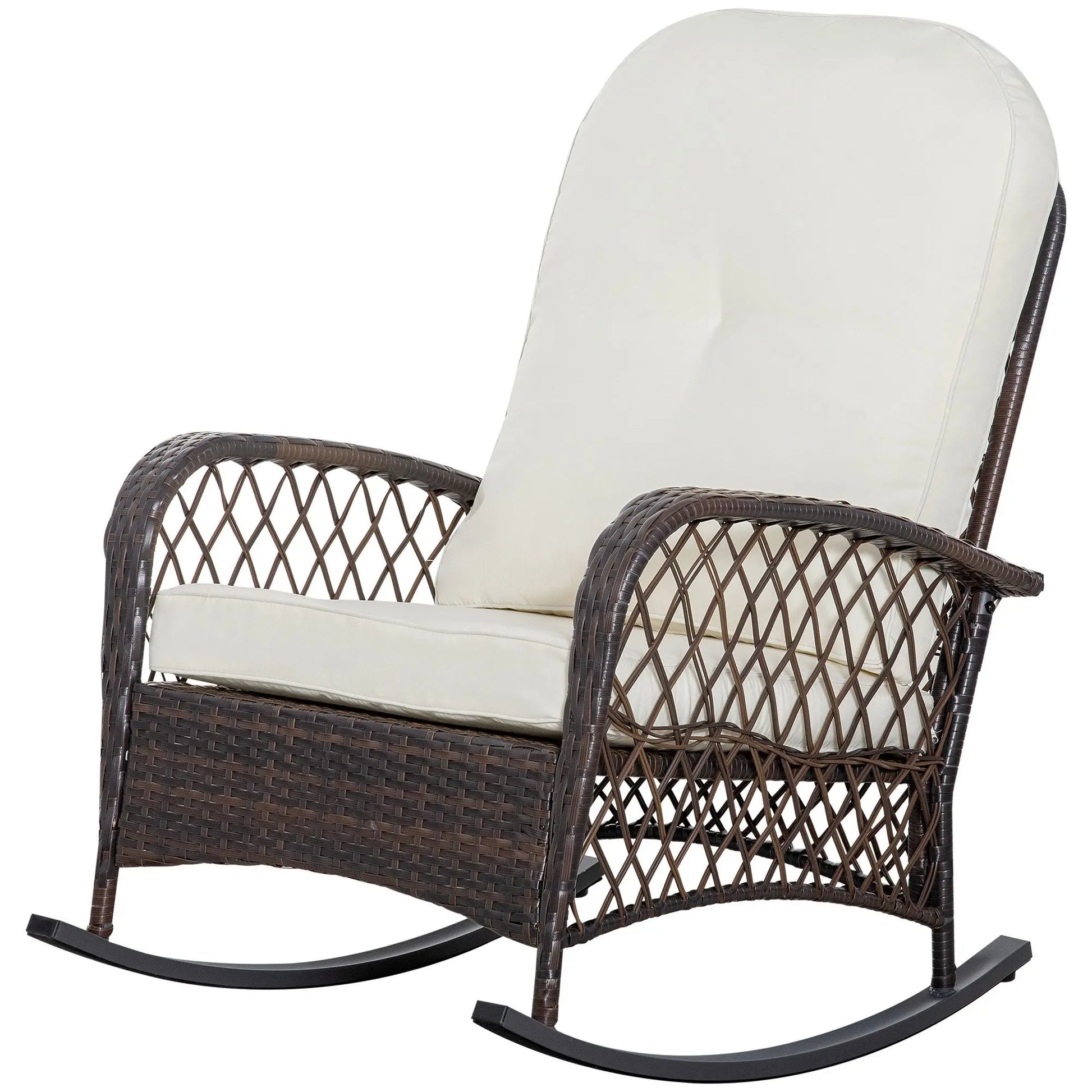 Outsunny Outdoor Wicker Rocking Chair with Wide Seat, Thick, Soft Cushion, Rattan Rocker w/Steel Frame, High Weight Capacity for Patio, Garden, Backyard, Cream White Doba