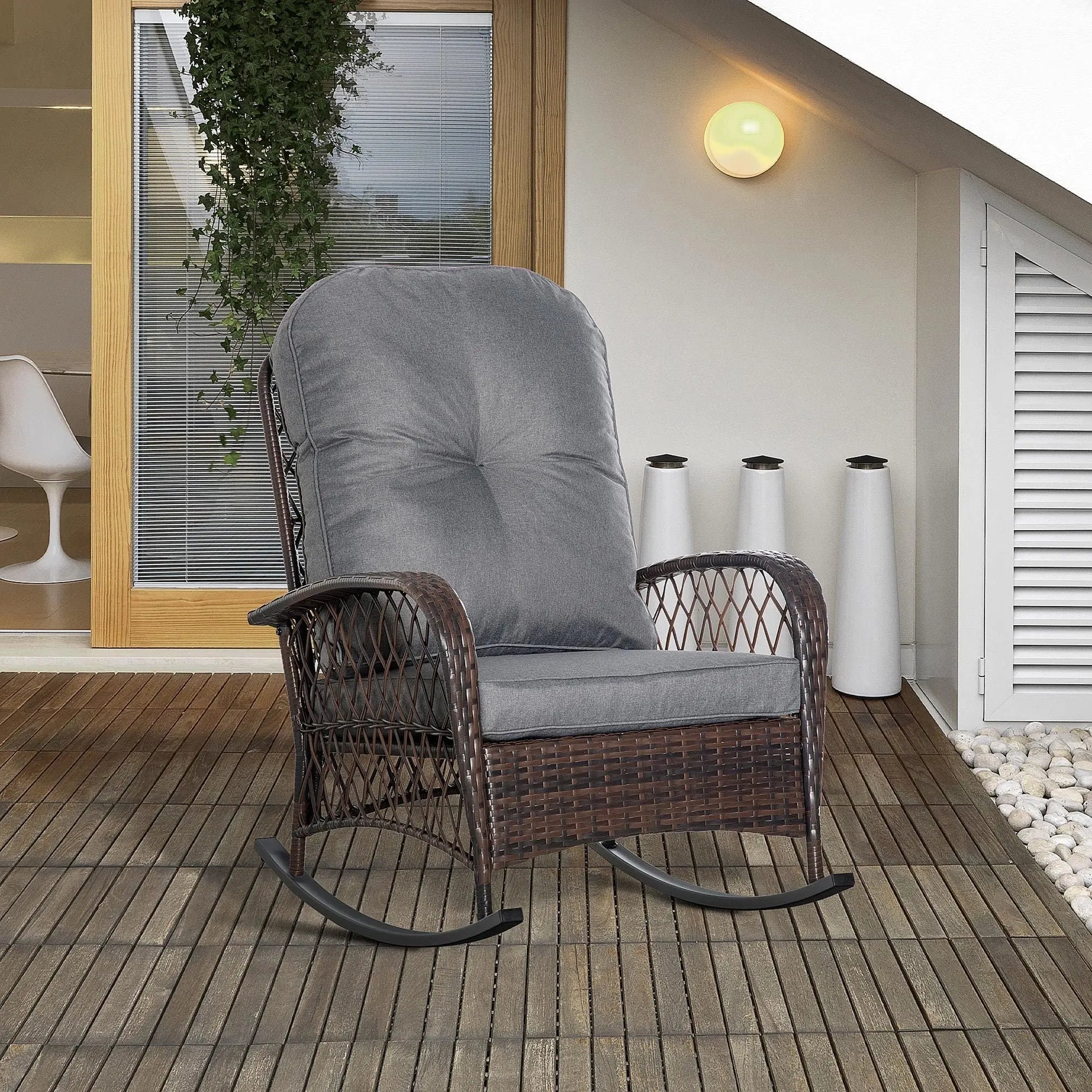 Outsunny Outdoor Wicker Rocking Chair with Wide Seat, Thick, Soft Cushion, Rattan Rocker w/Steel Frame, High Weight Capacity for Patio, Garden, Backyard, Grey Doba