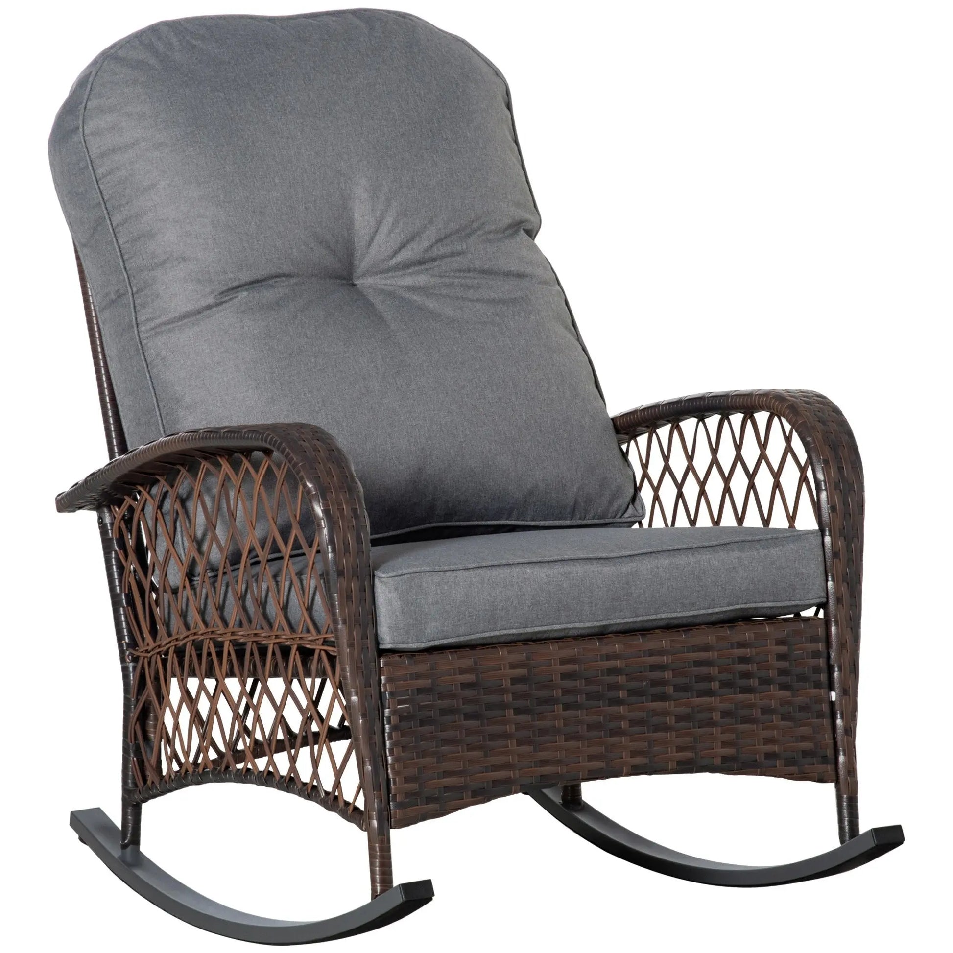 Outsunny Outdoor Wicker Rocking Chair with Wide Seat, Thick, Soft Cushion, Rattan Rocker w/Steel Frame, High Weight Capacity for Patio, Garden, Backyard, Grey Doba