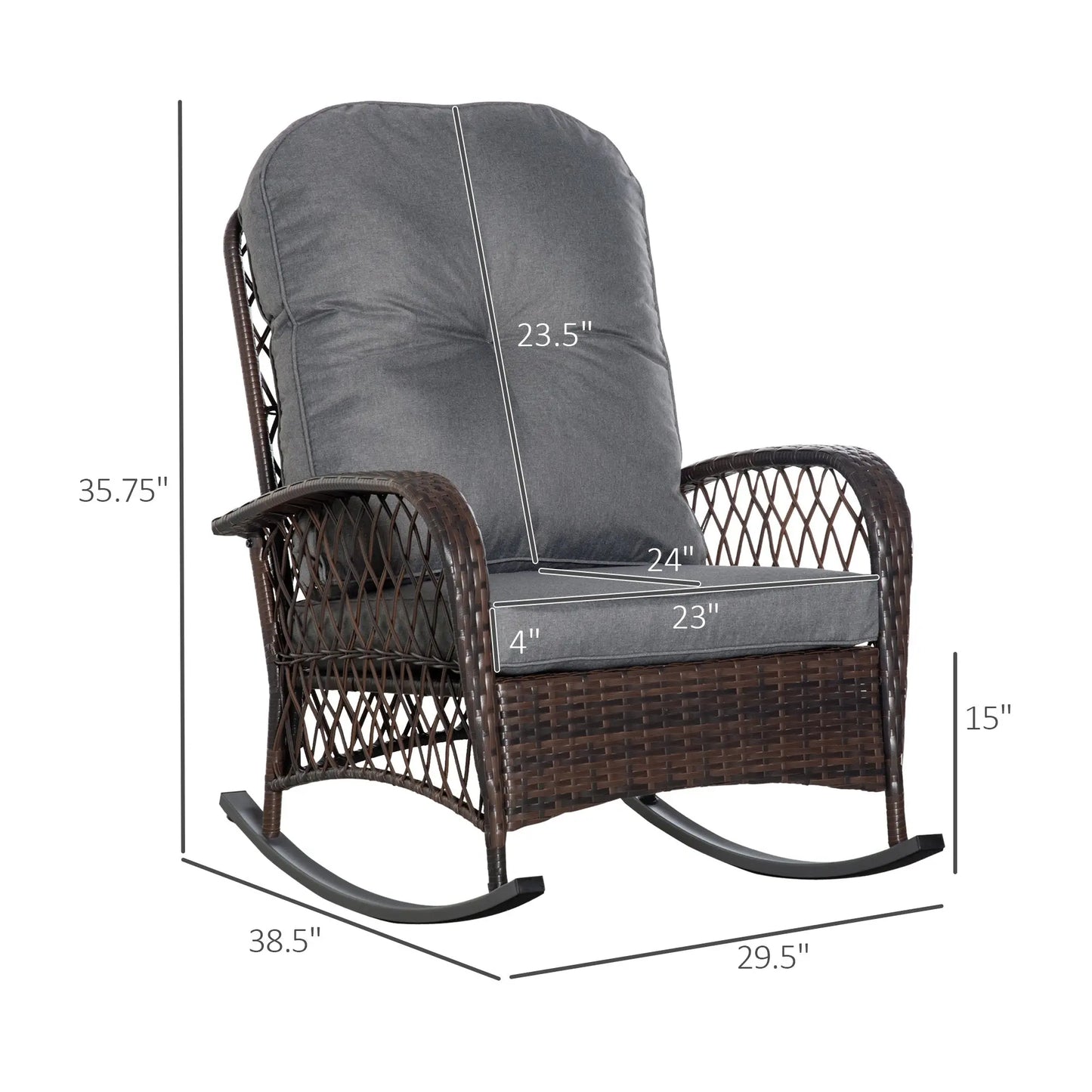 Outsunny Outdoor Wicker Rocking Chair with Wide Seat, Thick, Soft Cushion, Rattan Rocker w/Steel Frame, High Weight Capacity for Patio, Garden, Backyard, Grey Doba