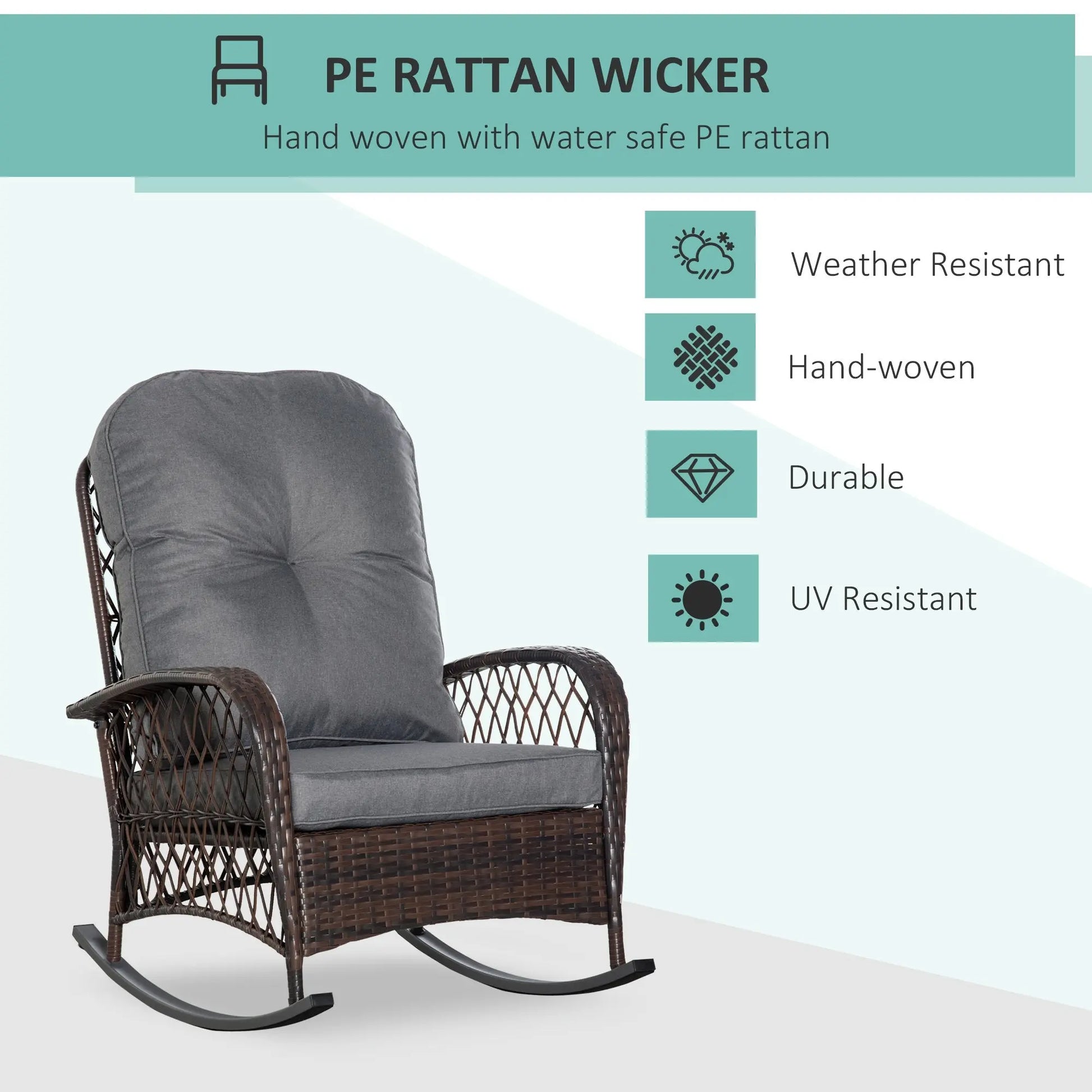 Outsunny Outdoor Wicker Rocking Chair with Wide Seat, Thick, Soft Cushion, Rattan Rocker w/Steel Frame, High Weight Capacity for Patio, Garden, Backyard, Grey Doba