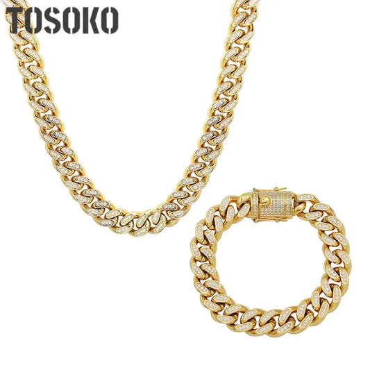 TOSOKO Stainless Steel Jewelry Winter Hip Hop Full Zircon Inlaid CUBAN CHAIN Plated 18 K Gold Necklace Bracelet Set BSP114-E028 American Roasting Company