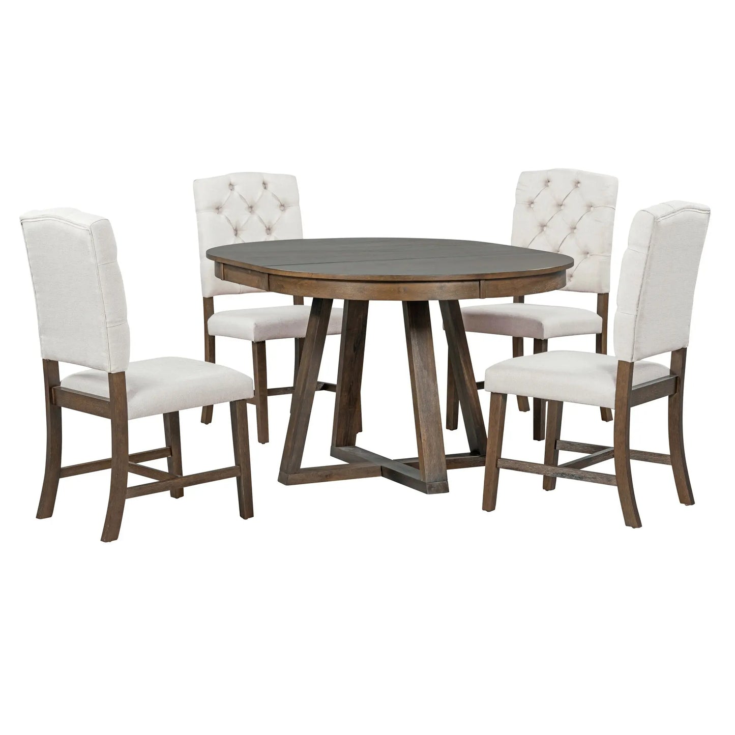 TREXM 5-Piece Retro Functional Dining Set, Round Table with a 16"W Leaf and 4 Upholstered Chairs for Dining Room and Living Room (Walnut) Doba