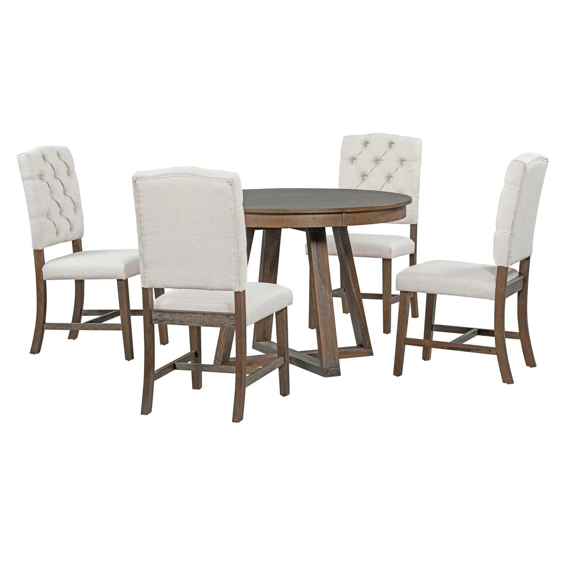 TREXM 5-Piece Retro Functional Dining Set, Round Table with a 16"W Leaf and 4 Upholstered Chairs for Dining Room and Living Room (Walnut) Doba