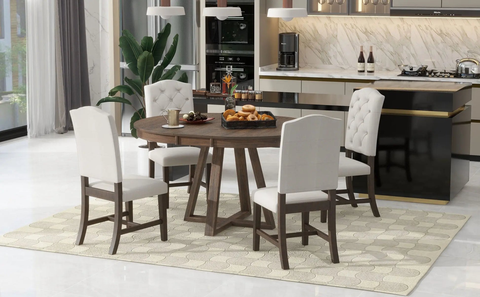 TREXM 5-Piece Retro Functional Dining Set, Round Table with a 16"W Leaf and 4 Upholstered Chairs for Dining Room and Living Room (Walnut) Doba