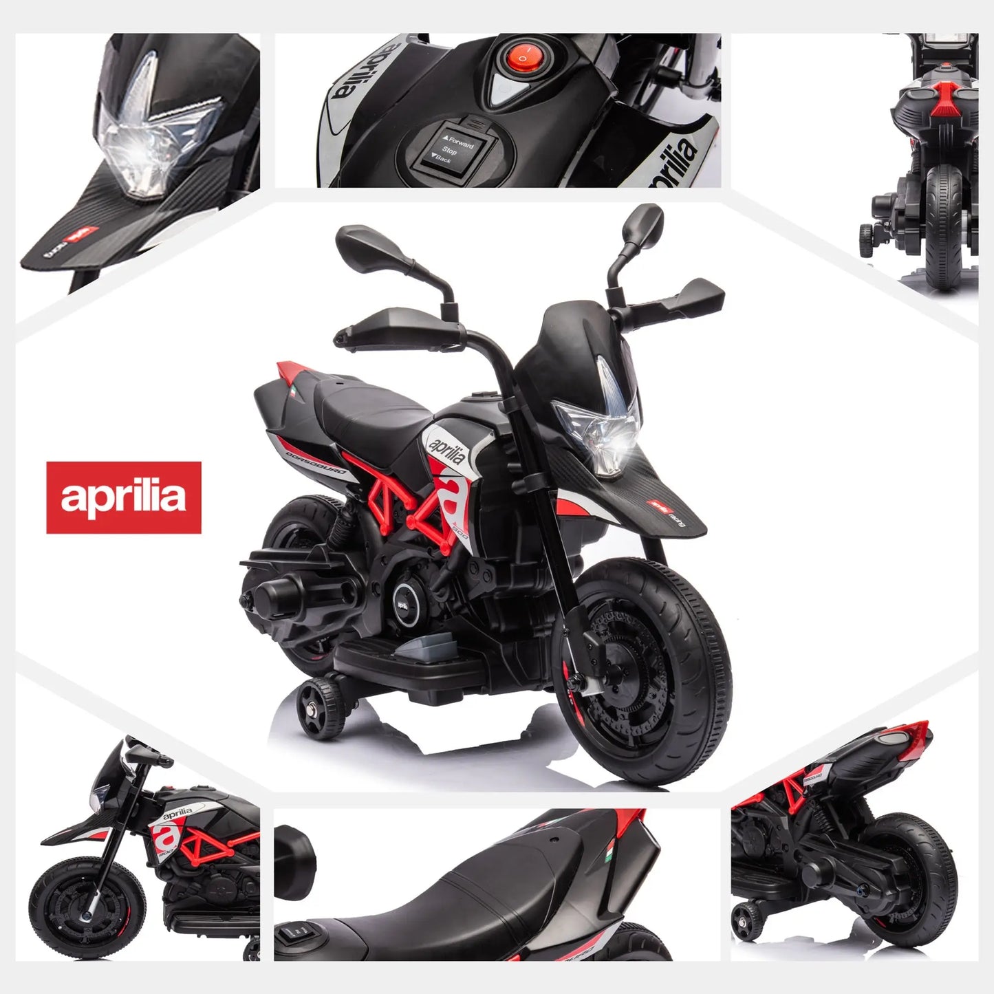 Kids Red, Licensed Aprilia Electric Motorcycle, 6V Kids Motorcycle, Ride On Toy w/Training Wheels, LED Lights, Sounds & Music, Battery Powered Dirt Bike for Boys & Girls Doba